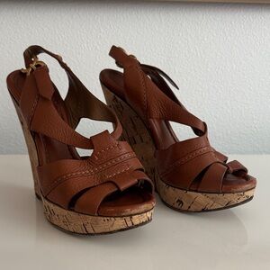 Chloe Brown Leather Wedge Sandals